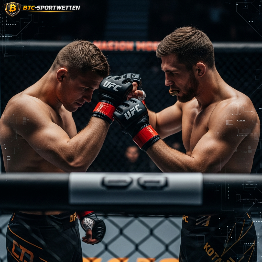 Two UFC fighters facing off intensely, symbolizing the head-to-head history and direct comparison between Ecuador and Curacao.