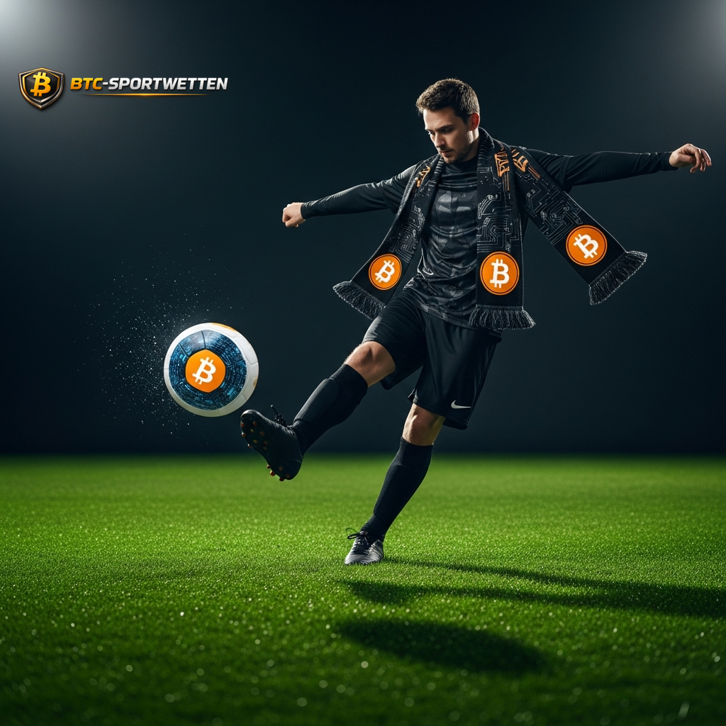 Dynamische Darstellung eines Fußballspielers, der einen Bitcoin-Ball tritt, als Symbol für Krypto-Wetten auf das Spiel Irak gegen Norwegen.