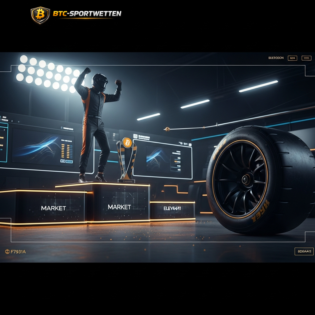 Ein siegreicher Rennfahrer mit einer Bitcoin-Trophäe, der den erfolgreichen Abschluss einer Wette auf das Spiel Irak gegen Norwegen symbolisiert.