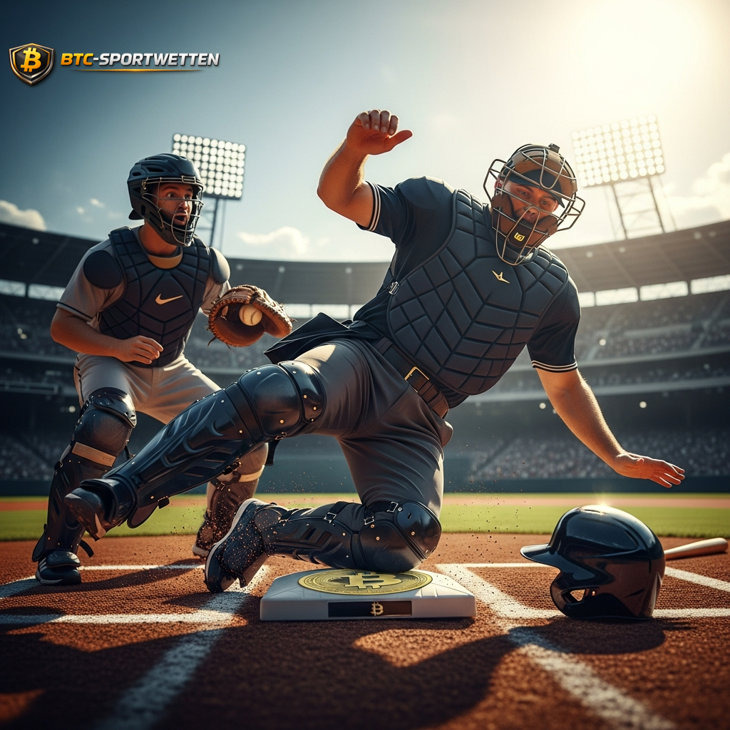 Baseball catcher at a home plate marked with a Bitcoin logo, symbolizing expert predictions and strategic crypto betting angles.