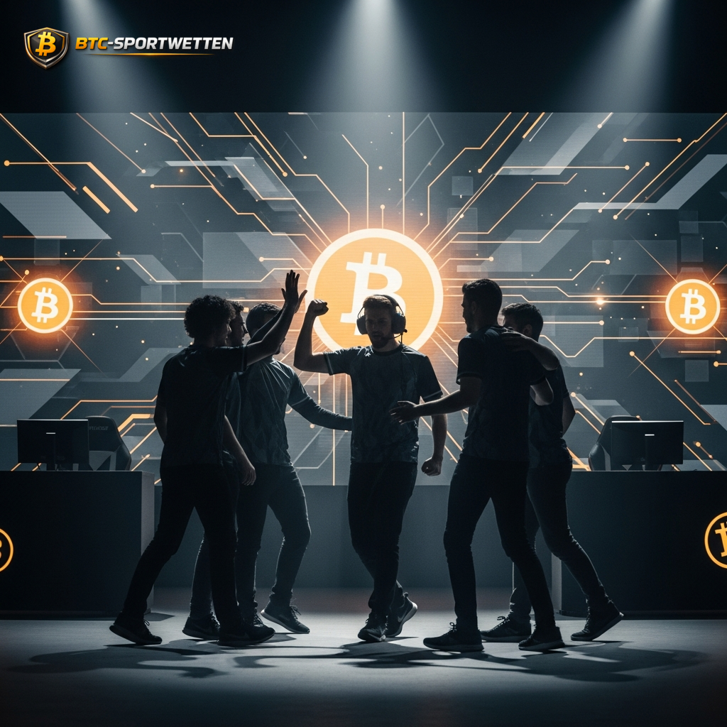 Ein Team feiert einen Sieg vor einem digitalen Bitcoin-Display, das die Spannung der WM 2026-Qualifikation symbolisiert.
