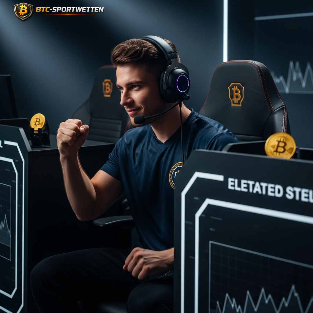 Ein Nutzer feiert einen erfolgreichen Handel vor einem Bitcoin-Display und veranschaulicht den einfachen und lohnenden Prozess der Platzierung einer Krypto-Wette.