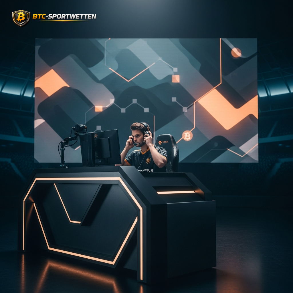 Ein E-Sport-Spieler an einem futuristischen Gaming-Desk, der die technologische Natur von Krypto-Wetten im FAQ-Bereich symbolisiert.