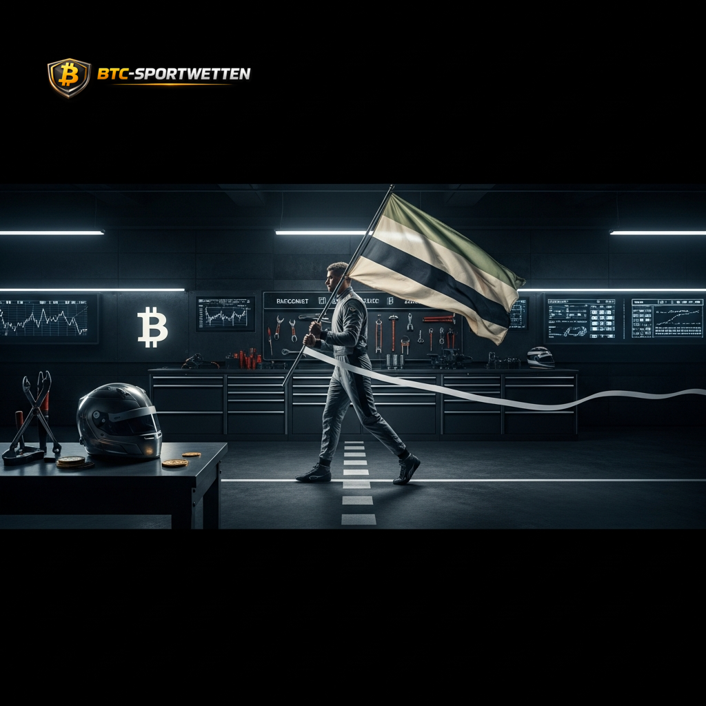 Racer crossing a finish line past a glowing Bitcoin sign, symbolizing the speed and technical finesse of the Japanese team.