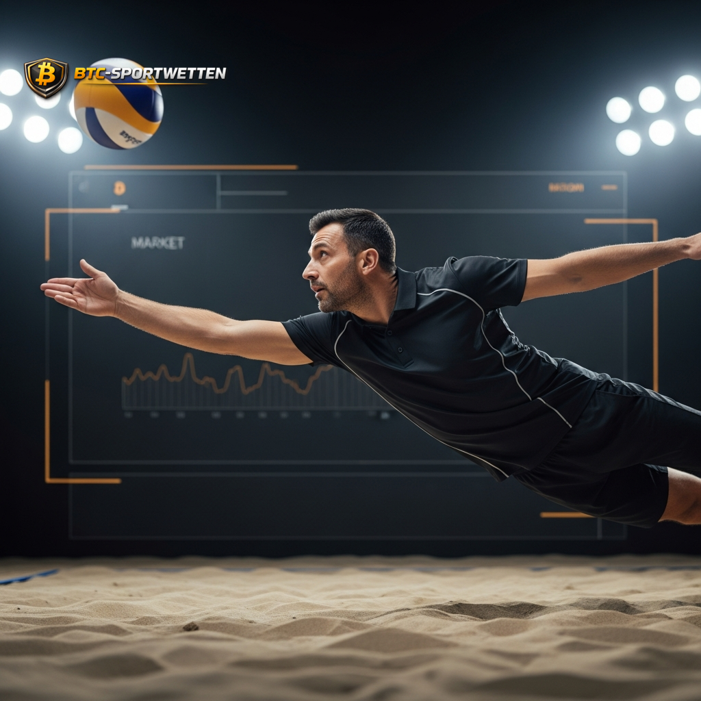 Ein Athlet bei einer sportlichen Aktion vor einer digitalen Marktgrafik, die die Vielfalt der Krypto-Wettmärkte für Fußballspiele darstellt.
